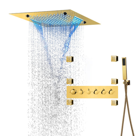 MONACO Gold | 20" x 20" Complete Luxury LED Music shower set Rainfall , Waterfall, Mist Spray 6x Body Jets Smart Living and Technology