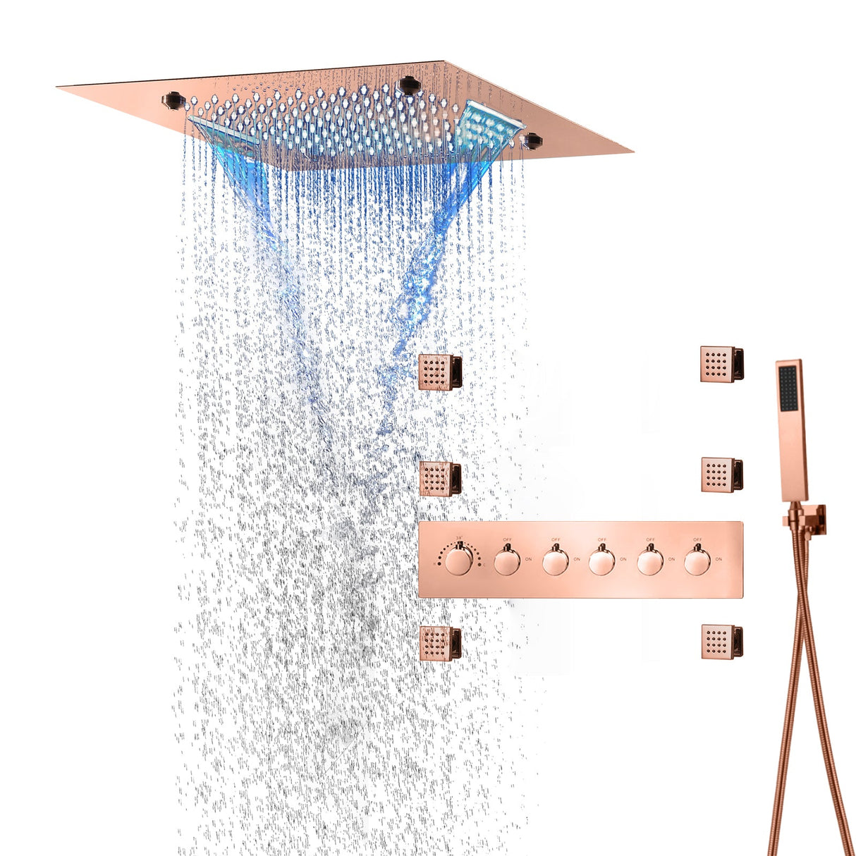 MONACO Rose Gold | 20" Complete Luxury LED Music shower set Rainfall , Waterfall, Mist Spray 6x Body Jets Smart Living and Technology