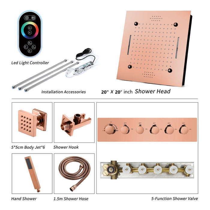 MONACO Rose Gold | 20" Complete Luxury LED Music shower set Rainfall , Waterfall, Mist Spray 6x Body Jets Smart Living and Technology
