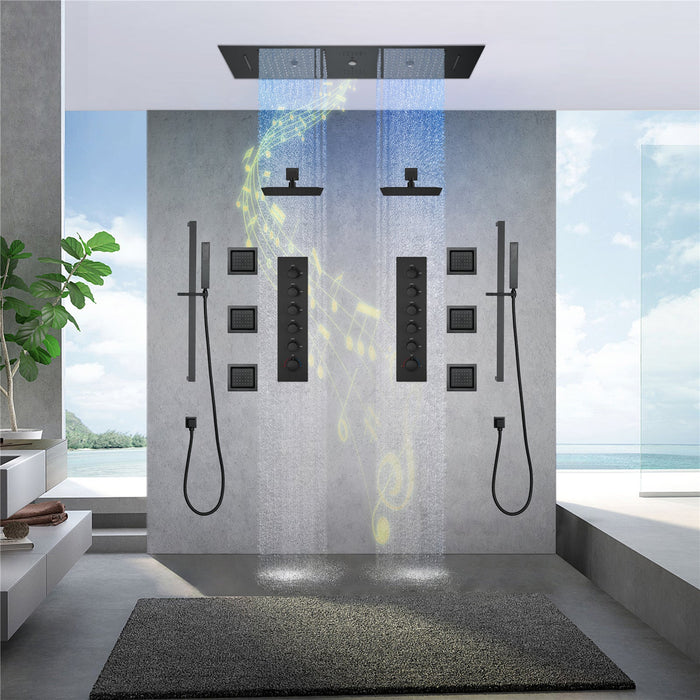 MULTNOMAH| 36" IN DUAL SHOWERHEAD COMPLETE LED MUSIC SHOWER SET  6 BODY JETS 2x WALL MOUNTED RAINFALL SHOWERHEAD Smart Living and Technology