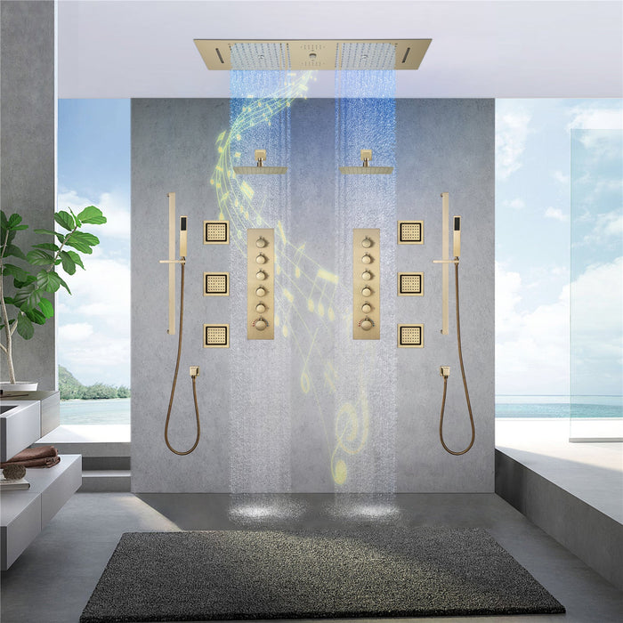 MULTNOMAH| 36" IN DUAL SHOWERHEAD COMPLETE LED MUSIC SHOWER SET  6 BODY JETS 2x WALL MOUNTED RAINFALL SHOWERHEAD Smart Living and Technology