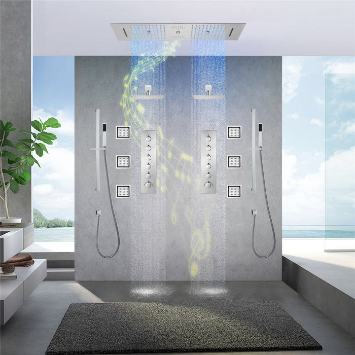 MULTNOMAH| 36" IN DUAL SHOWERHEAD COMPLETE LED MUSIC SHOWER SET  6 BODY JETS 2x WALL MOUNTED RAINFALL SHOWERHEAD Smart Living and Technology