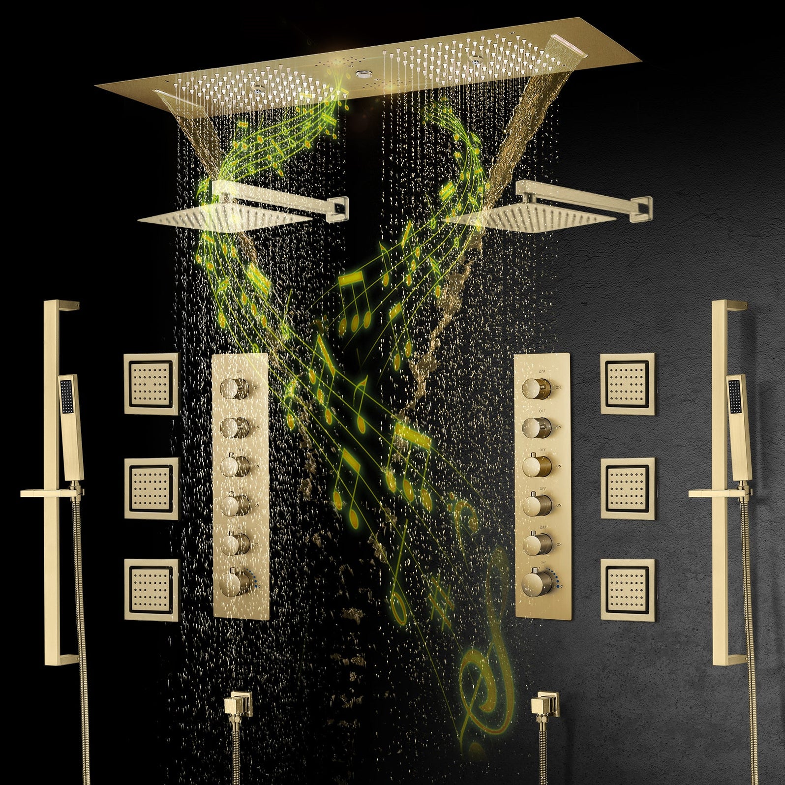 MULTNOMAH 36" IN DUAL SHOWERHEAD COMPLETE LED MUSIC SHOWER SET 6 BODY JETS 2x WALL MOUNTED