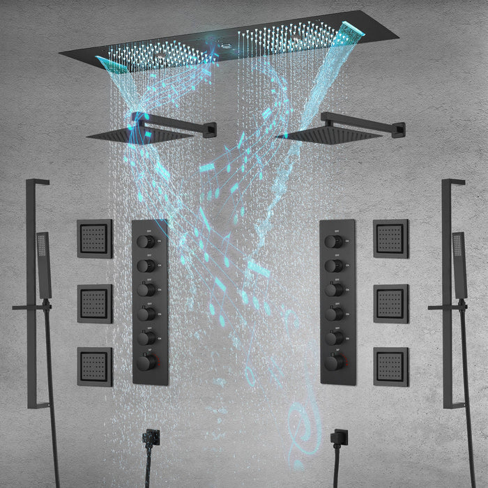 MULTNOMAH| 36" IN DUAL SHOWERHEAD COMPLETE LED MUSIC SHOWER SET  6 BODY JETS 2x WALL MOUNTED RAINFALL SHOWERHEAD Smart Living and Technology