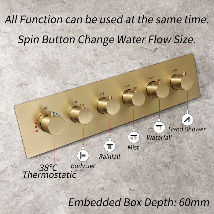 PRECISION| Brushed Gold 32" Luxury Complete LED Music Shower Set Rain Waterfall Mist Spray Function 6 Large Body Jets & Hand Shower Smart Living and Technology