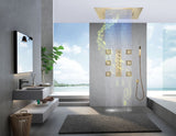 PRECISION| Brushed Gold 32" Luxury Complete LED Music Shower Set Rain Waterfall Mist Spray Function 6 Large Body Jets & Hand Shower Smart Living and Technology