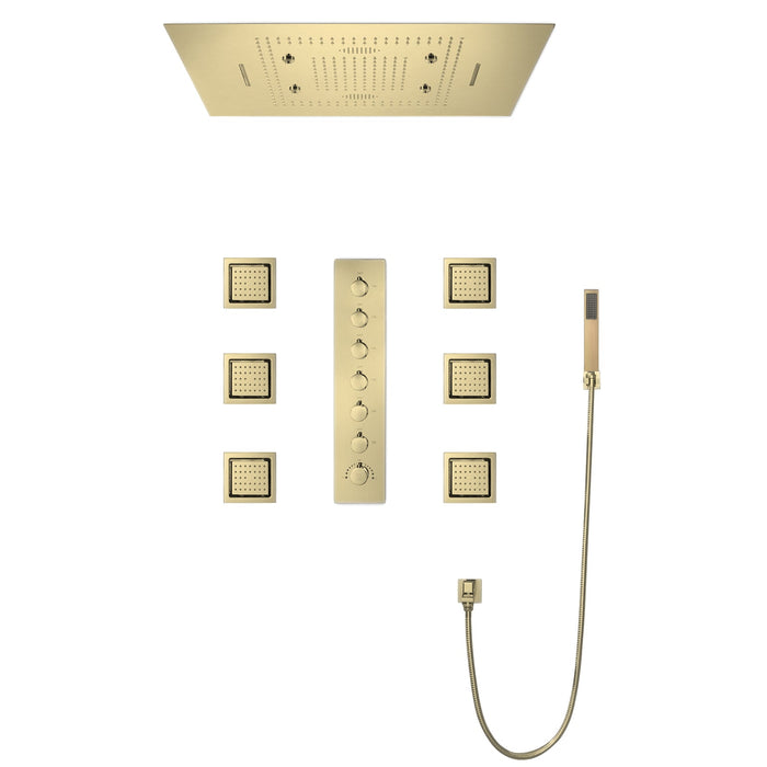 PRECISION| Brushed Gold 32" Luxury Complete LED Music Shower Set Rain Waterfall Mist Spray Function 6 Large Body Jets & Hand Shower Smart Living and Technology