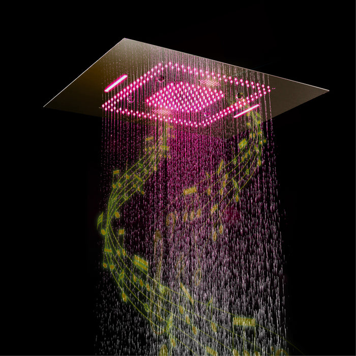 PRECISION| Brushed Gold 32" Luxury Complete LED Music Shower Set Rain Waterfall Mist Spray Function 6 Large Body Jets & Hand Shower