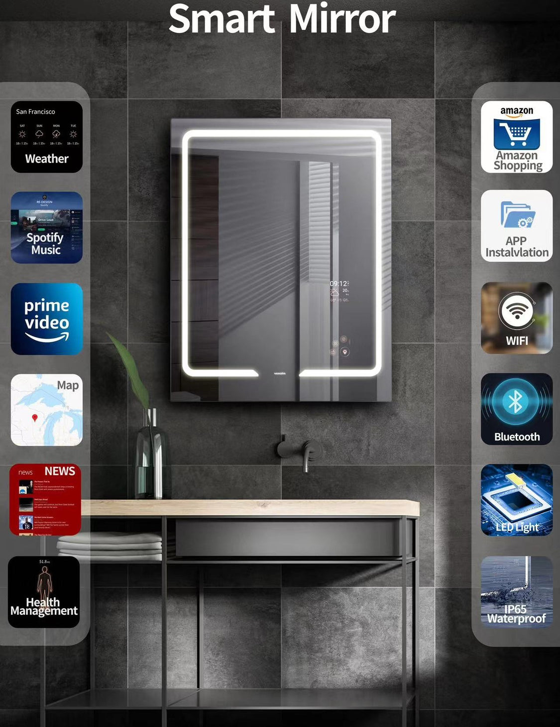 REEF| LED Smart Bathroom Mirror Built-in TV & With Bluetooth Speaker ...