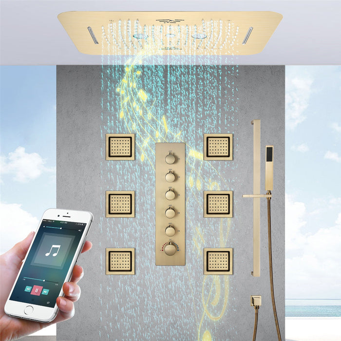 RENO| 23" Brushed Gold Ceiling Mounted Complete LED Music Shower System Smart Living and Technology
