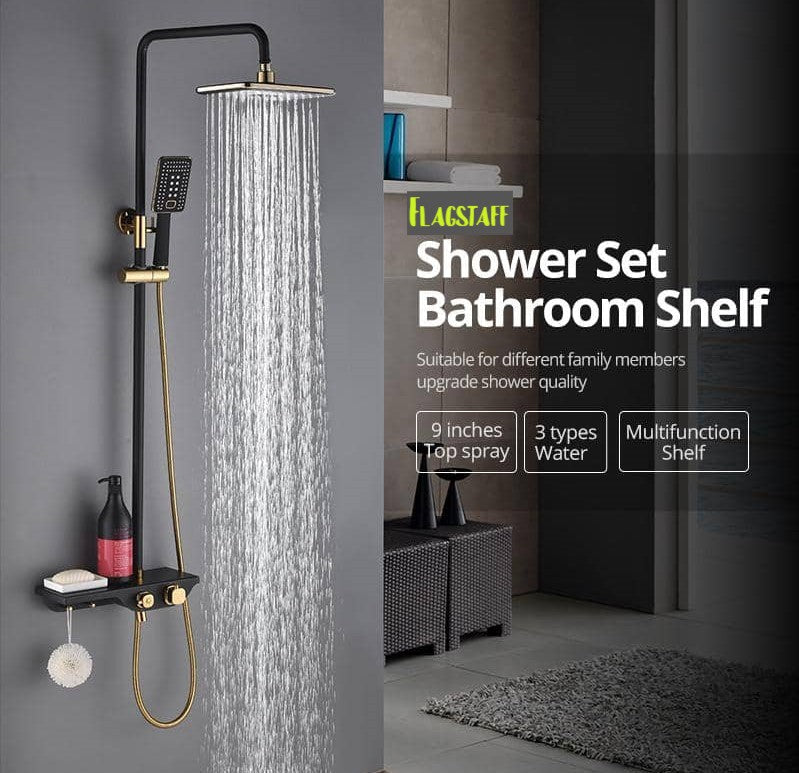 Rain Thermostatic Shower System Black /Gold with Hand shower &Spout