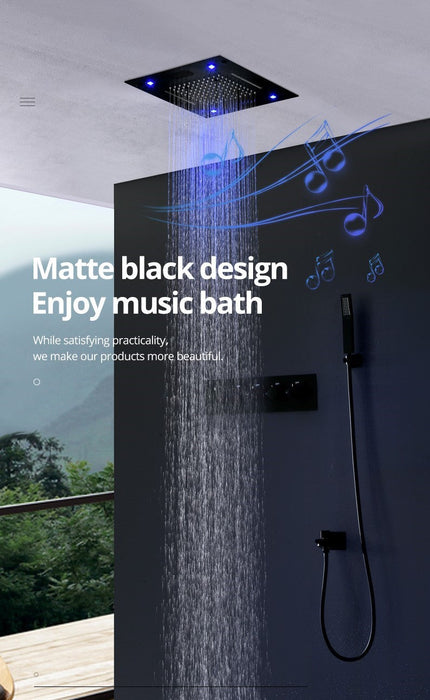 Sedona 15"x"15 Luxury Thermostatic LED Bluetooth Music Shower Set with Rain,Waterfall & Mist Spray Functions. Smart Living and Technology