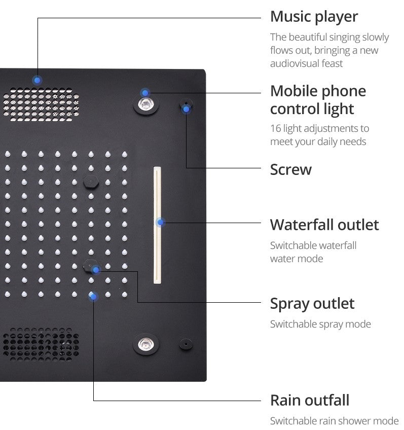 Sedona 15"x"15 Luxury Thermostatic LED Bluetooth Music Shower Set with Rain,Waterfall & Mist Spray Functions. Smart Living and Technology