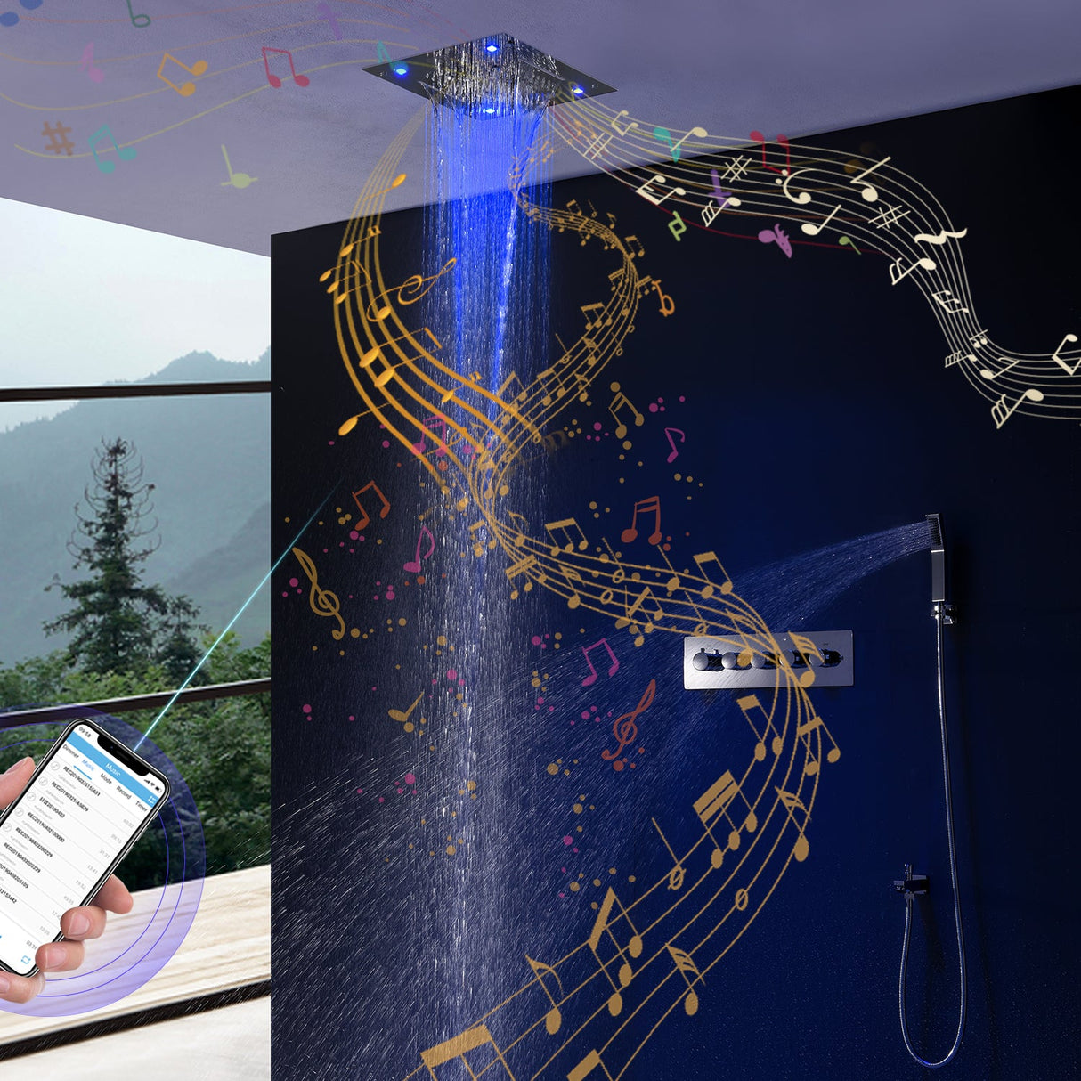 Sedona 15"x"15 Luxury Thermostatic LED Bluetooth Music Shower Set with Rain,Waterfall & Mist Spray Functions. Smart Living and Technology