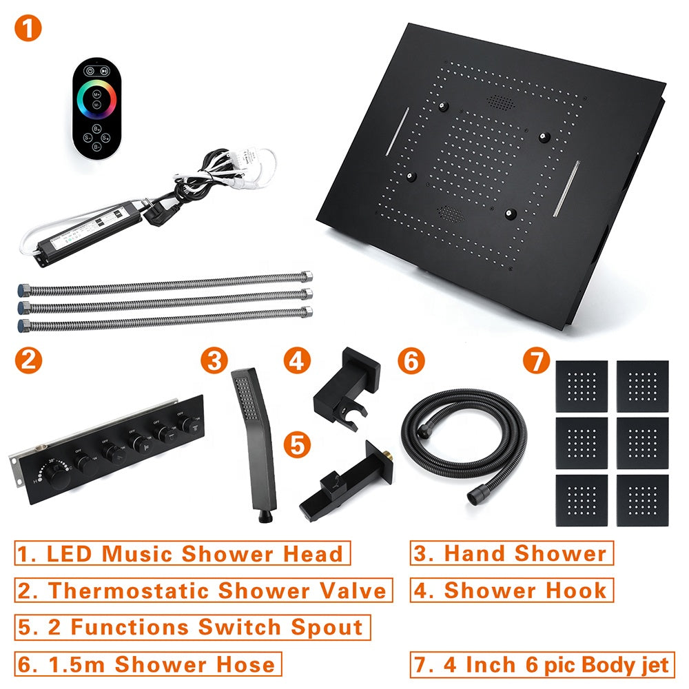 TULUM| 32" Matte Black Luxury Complete Led Music Shower Set Rain Waterfall Mist Spray Function 6 Body Jets & Hand Shower Smart Living and Technology