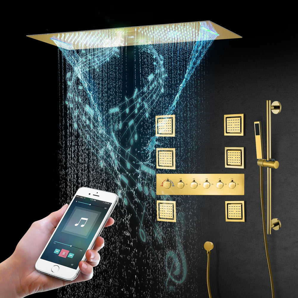 VANCOUVER| 36" INCH POLISHED GOLD CEILING MOUNTED COMPLETE LED MUSIC SHOWER SET Smart Living and Technology