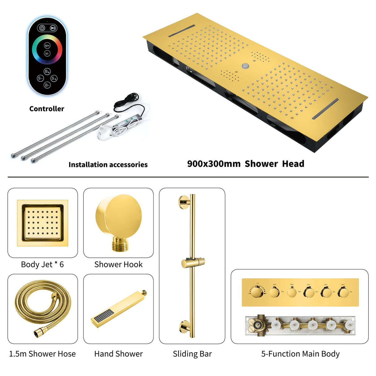 VANCOUVER| 36" INCH POLISHED GOLD CEILING MOUNTED COMPLETE LED MUSIC SHOWER SET Smart Living and Technology